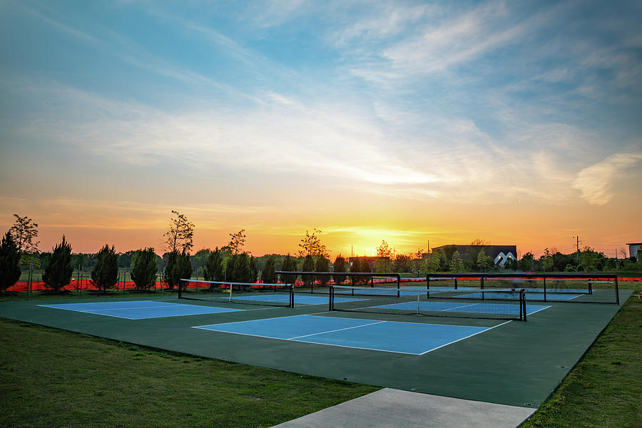 Pickleball court at sunset